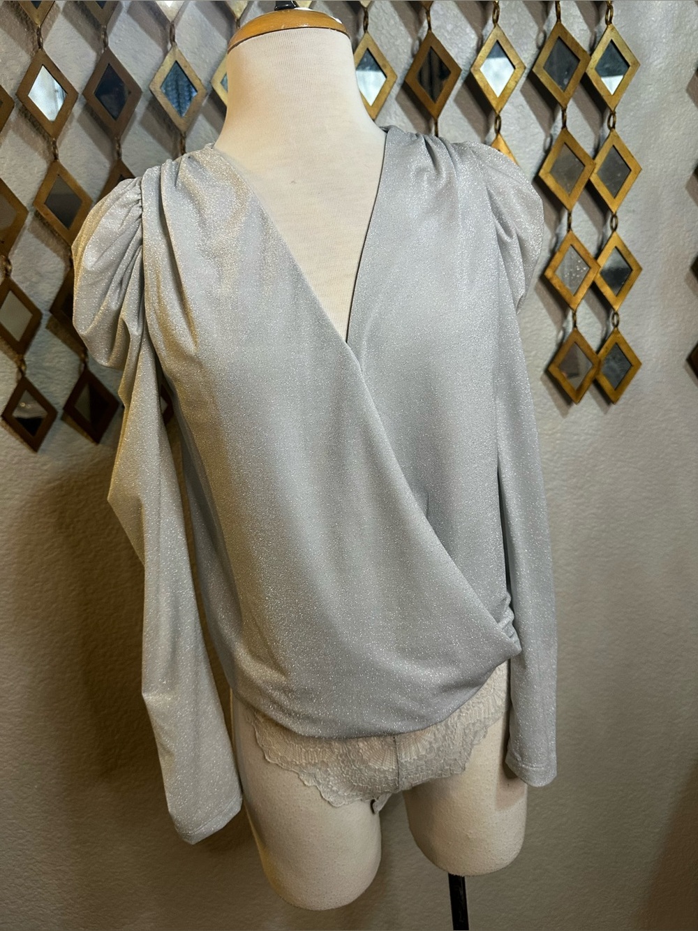 NWT Easel Shimmery Silver Wrap-Front Bodysuit